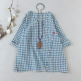 3/4-sleeve Gingham Frog Buttoned Wrap Top
