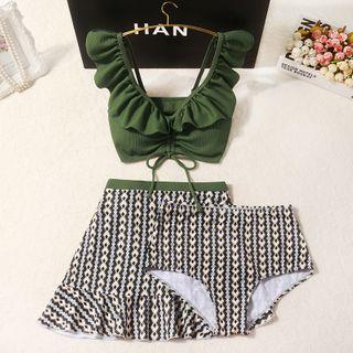 Set: Ruffle Swim Top Patterned Bottom + Skirt