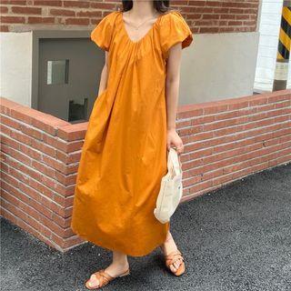 Puff-sleeve V-neck Maxi Smock Dress Tangerine - One Size