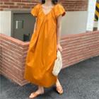 Puff-sleeve V-neck Maxi Smock Dress Tangerine - One Size