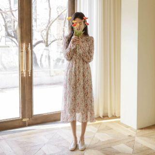 Beribboned Floral Long Chiffon Dress