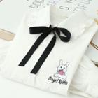 Bow-neck Ruffle Trim Rabbit Embroidered Shirt