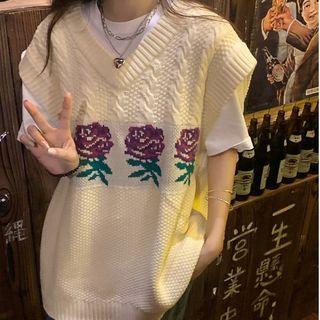 Jacquard Knit Vest Roses - Off-white - One Size