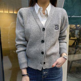 Rib-trim Letter-embroidered Cardigan