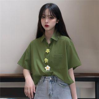 Short-sleeve Plain Crop Shirt Shirt - One Size