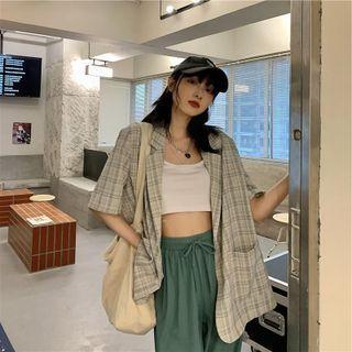 Short-sleeve Plaid Blazer / Harem Pants