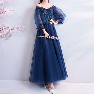 Embroidered Balloon-sleeve A-line Evening Gown