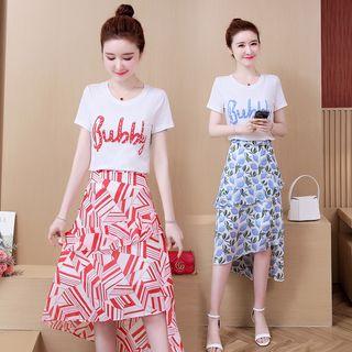 Set: Short-sleeve Beaded Letter T-shirt + Asymmetric Patterned A-line Skirt