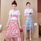 Set: Short-sleeve Beaded Letter T-shirt + Asymmetric Patterned A-line Skirt