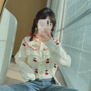 Cherry Lace Trim Cardigan Red Cherry - Pale Yellow - One Size