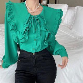 Long-sleeve Frill Trim Wide-collar Blouse