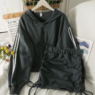 Set: Stripe-trim Hooded Loose Jacket + Drawstring-side Mini Skirt In 5 Colors