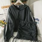 Set: Stripe-trim Hooded Loose Jacket + Drawstring-side Mini Skirt In 5 Colors