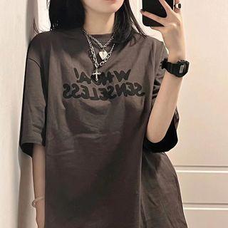 Elbow-sleeve Face Print Lettering T-shirt