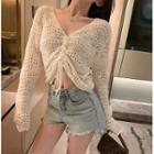 Drawstring Pointelle-knit Sweater Milky White - One Size