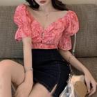 V-neck Puff-sleeve Blouse / Denim Skirt