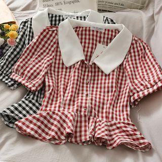 Checker Ruffled-trim Crop Shirt