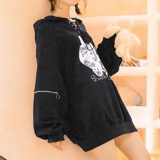 Rabbit Print Lace-up Hooded Sweater