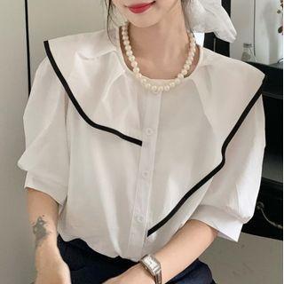 Short-sleeve Ruffle Collar Contrast Trim Blouse