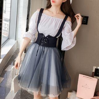 Set: Off-shoulder Elbow-sleeve Top + Mesh Suspender Skirt
