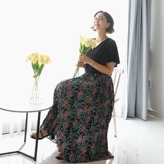 V-neck Floral Print-hem Dress