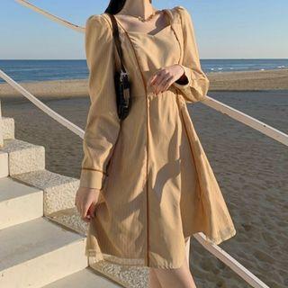 Long-sleeve Piped A-line Dress