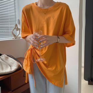 Short-sleeve Plain Side-slit Drawstring T-shirt