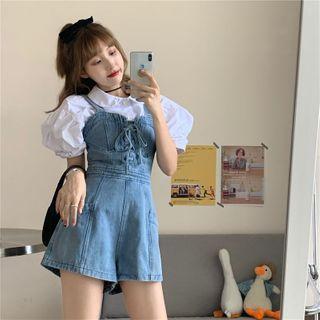 Puff-sleeve Blouse / Lace-up Denim Dungaree Shorts
