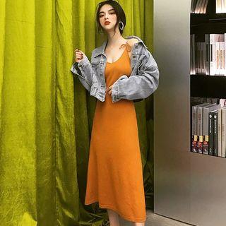 Cropped Buttoned Denim Jacket / Spaghetti Strap Midi A-line Dress