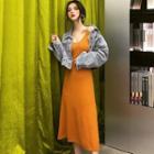 Cropped Buttoned Denim Jacket / Spaghetti Strap Midi A-line Dress