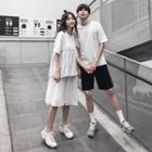 Couple Matching Short-sleeve Plaid Panel T-shirt / Short-sleeve Midi T-shirt Dress / Shorts