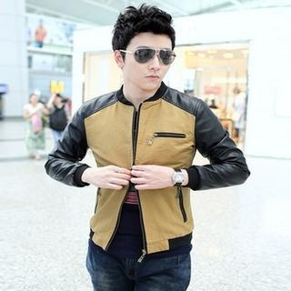 Faux-leather Sleeve Zip Jacket