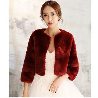 3/4-sleeve Faux Fur Jacket Red - One Size