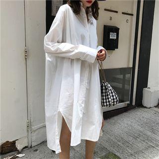 Plain Long-sleeve Loose-fit Shirt Dress