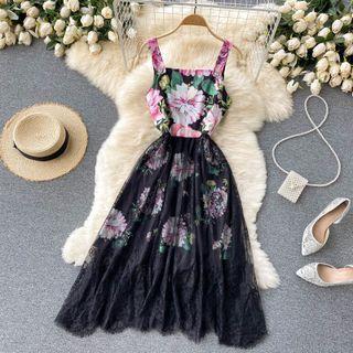 Spaghetti Strap Floral Print Lace Overlay Midi A-line Dress