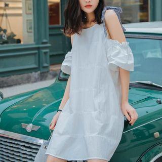 Cold Shoulder Elbow-sleeve A-line Dress White - One Size