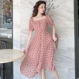 Short-sleeve Polka Dot A-line Midi Dress Pink - One Size