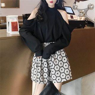 Plain Off-shoulder Long-sleeve Chiffon Blouse Black - One Size