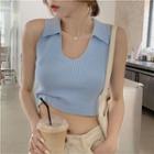 Sleeveless Open-collar Cropped Knit Top