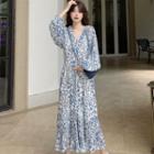 Long-sleeve Floral Print V-neck Chiffon Dress Blue & White - One Size