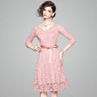 Elbow-sleeve Bow-accent Lace A-line Dress