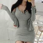 Set: Notched Neck Sheath Dress + Open-front Cropped Top Gray - One Size