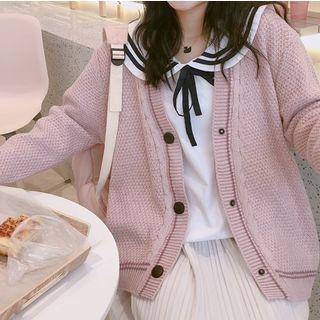Striped Peter Pan Collar Lace-up Top / Striped Cardigan