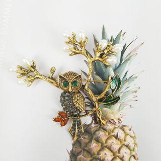 Faux Pearl Branches Rhinestone Owl Brooch