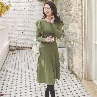 Ruffled Ribbed Tie-waist Midi Knit Dress