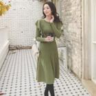 Ruffled Ribbed Tie-waist Midi Knit Dress