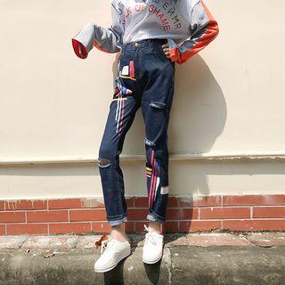 Printed Straight Fit Jeans As Shown In Figure - M