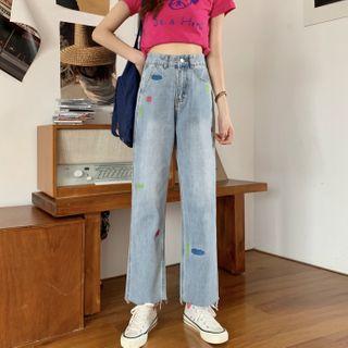 High-waist Color Block Frayed Jeans