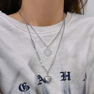 Set : Heart Pendant Alloy Necklace + Disc Pendant Alloy Necklace Set - Silver - One Size
