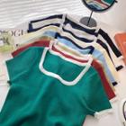 Short-sleeve Square Two Tone Knit Top